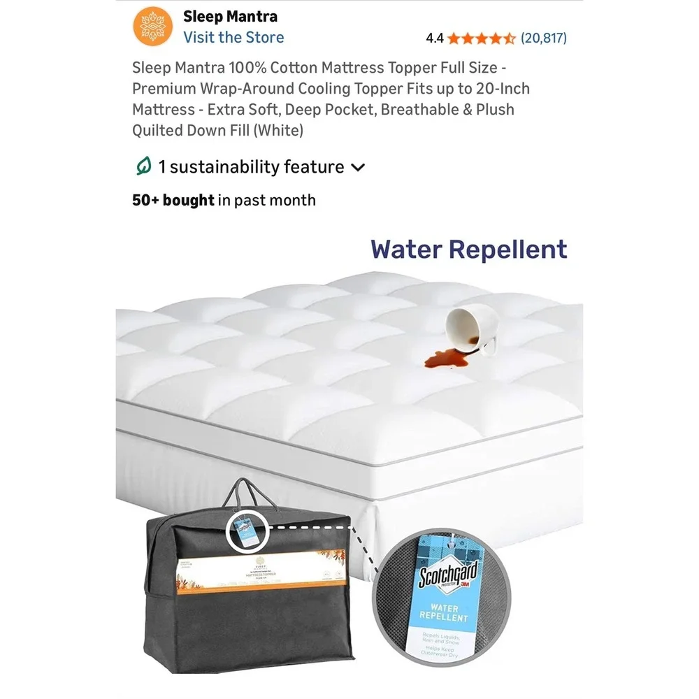 Sleep Mantra King Cotton Mattress Topper Cooling Quilted Down Alternative White